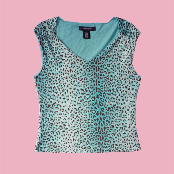 y2k Turquoise Cheetah Print V-Neck Sleeveless Top - Picture 9 of 9